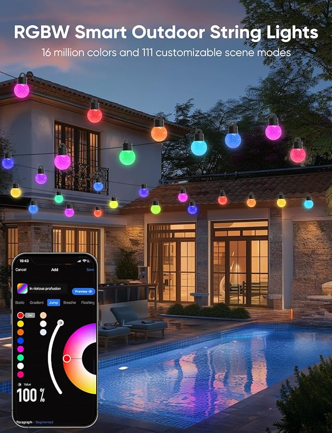 APPECK Outdoor String Lights 50FT, RGBW Smart Patio Lights with 111 Scene Modes, Christmas String Lights with 25 | Lumora