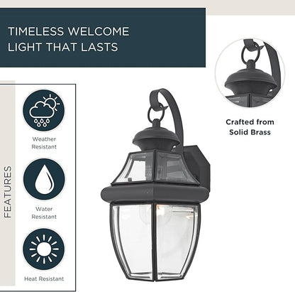 Quoizel Newbury Outdoor Wall Lantern, 14 Inch 1-Light Mystic Black Wall Sconce, French Country Exterior Wall Lantern Fixture, E26 Base, Clear Glass, Outside Lights for Patio, Porch, Garage or Yard