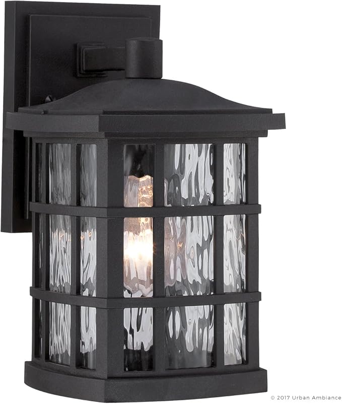 Urban Ambiance Luxury Craftsman Outdoor Wall Light, Small Size: 10.5" H x 6.5" W, with Tudor Style Elements, Highly-Detailed Design, High-End Black Silk Finish and Water Glass, UQL1230