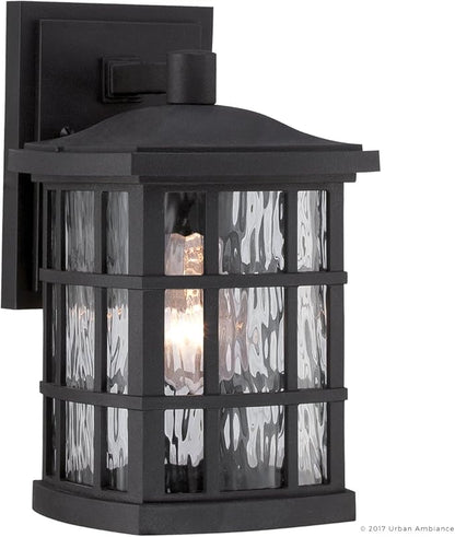 Urban Ambiance Luxury Craftsman Outdoor Wall Light, Small Size: 10.5" H x 6.5" W, with Tudor Style Elements, Highly-Detailed Design, High-End Black Silk Finish and Water Glass, UQL1230