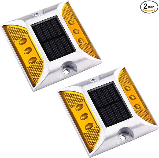 Aolyty Solar Driveway Marker Lights Outdoor, IP68 Waterproof Solar Dock Lights, Bright Warning Flashes Lights Reflective Road Marker for Deck Sidewalk Stair Garden Pathway (Yellow, 2 Pack)