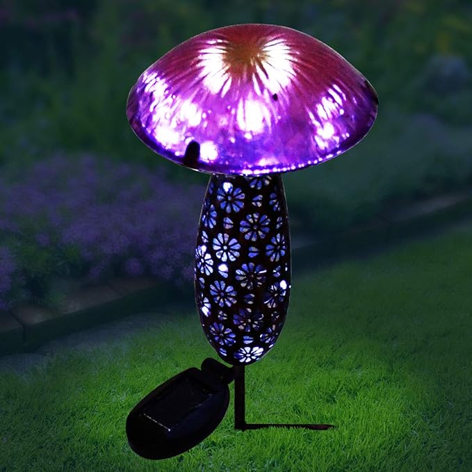 Hi-Line Gift Ltd. 78417-B Metal and Glass Solar Mushroom W/LED-Pink and Purple Garden Stake