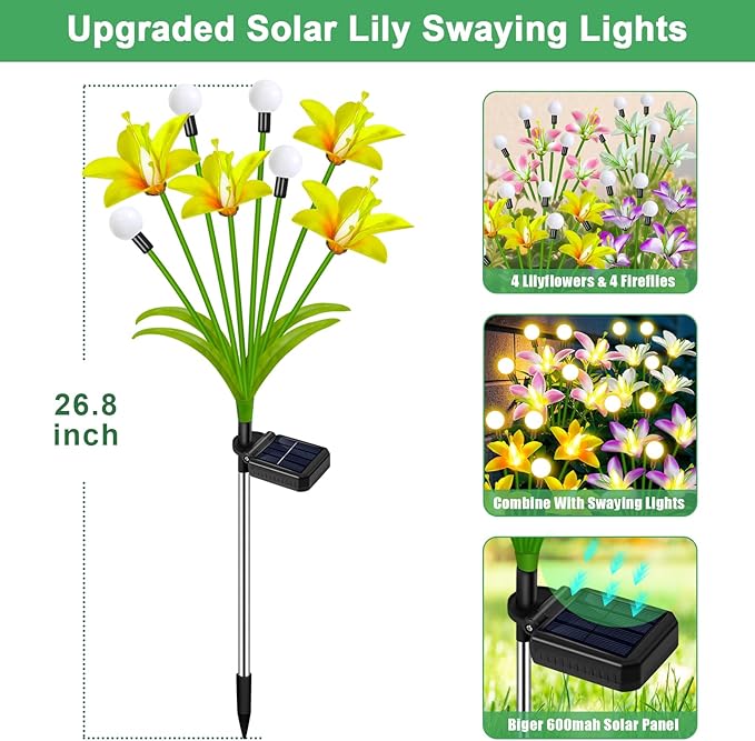 Solar Lights Outdoor Flowers Garden Decor,Firefly Lights with 4 Color Wild Lily Light, Solar Flowers Outdoor Waterproof for Patio Yard Gifts for Women Mom