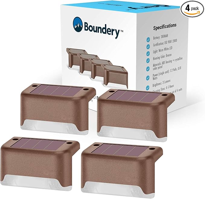 Solar Step Lights by Boundery - Premium LED Solar Waterproof Deck Decor & Fence Lights - Solar Powered Outdoor Lights for Deck, Dock, Steps, Porch, Pathways, Stairs, Railings - (4 Pack)