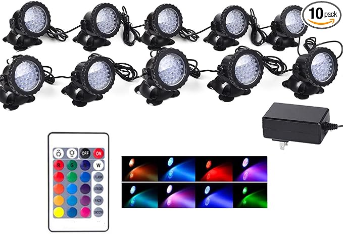 SHOYO Underwater Pond Lights, Colored Spotlight for Yard, IP68 Waterproof Spot Lights Submersible 36 LED Remote Control Multi-Color Dimmable Adjustable for Outdoor Fountain Landscape, Set of 10