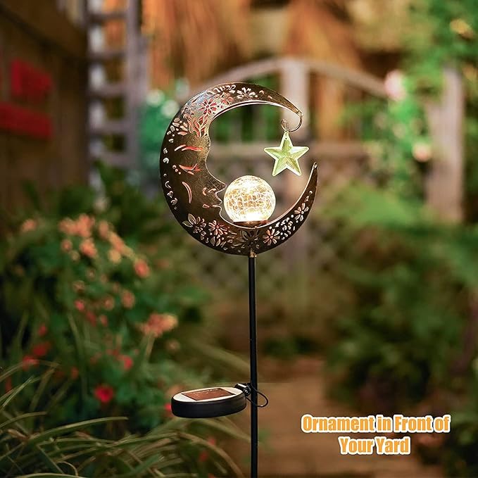 Solar Lights Outdoor Decor Moon Lantern for Patio,Lawn or Pathway Moon Decorations Crackle Glass Globe Stake Metal | Lumora