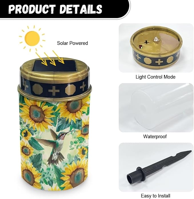 Sunflower Cemetery Solar Lights Hummingbird Solar Pathway Lights Solar Lights Outdoor Garden Waterproof Cemetery Grave Decorations for Outside Yard Walkway Decor