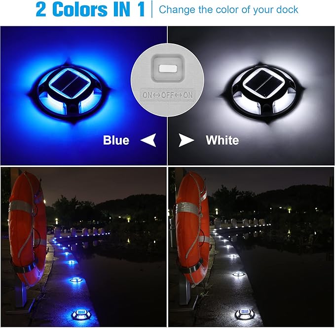 VOLISUN Solar Driveway Lights Dock Deck Lights 16 Pack,2 Colors in 1 Led IP67 Waterproof Outdoor Warning Step Lights for Driveway Sidewalk Pathway (White/Blue)
