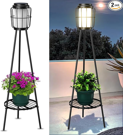 MXwcy 2 Pack Solar Lights Outdoor with Plant Stands - Solar Floor Lamp & Street Lights with Metal Tripod - Patio Decor for Garden, Yard, Pathway, Driveway, Porch
