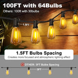 100FT Outdoor String Lights - 64+4 Bulbs(𝟏.𝟓𝐅𝐓 𝐁𝐮𝐥𝐛𝐬 𝐒𝐩𝐚𝐜𝐢𝐧𝐠) | Remote & Dimmer, 3 Light Modes & Timing, IP65 | Lumora