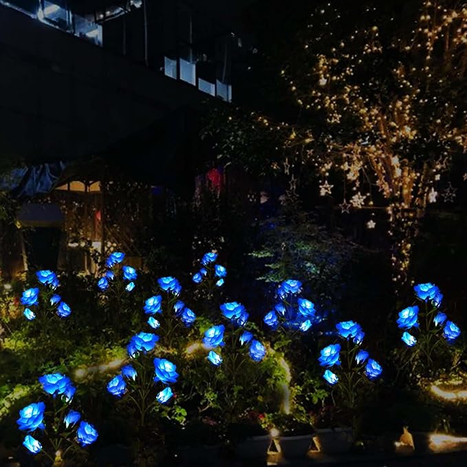[Upgraded 6 Flowers]Solar Powered Decorative Rose Garden Stake Lights, Waterproof Realistic Artificial Flowers for Outdoor Flower Bed Patio Yard Pathway Memorial Cemetery Grave Decorations, Blue