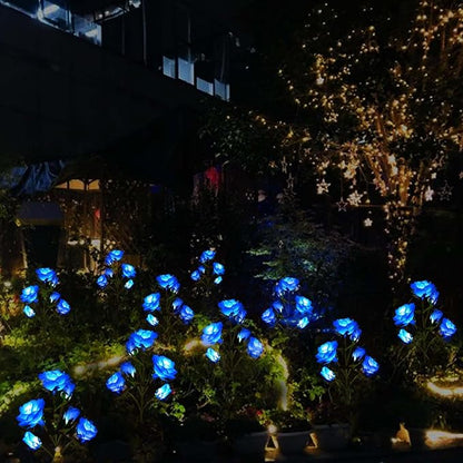 [Upgraded 6 Flowers]Solar Powered Decorative Rose Garden Stake Lights, Waterproof Realistic Artificial Flowers for Outdoor Flower Bed Patio Yard Pathway Memorial Cemetery Grave Decorations, Blue