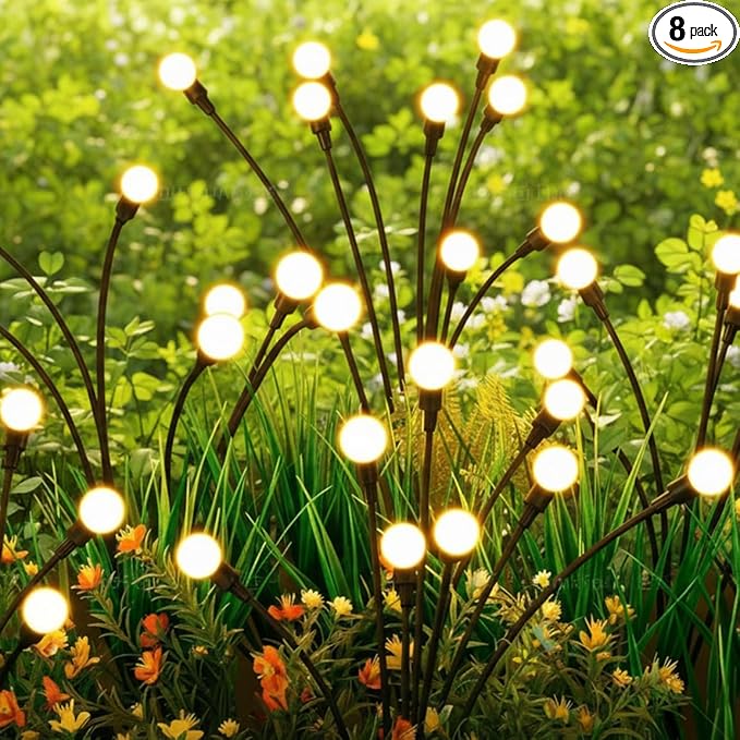 Solar Firefly Lights Outdoor, 8 Pack 64 LED Swaying Garden Stake Lights, Warm White IP65 Waterproof, Auto On/Off, Yard Decor Stakes for Patio Lawn Pathway