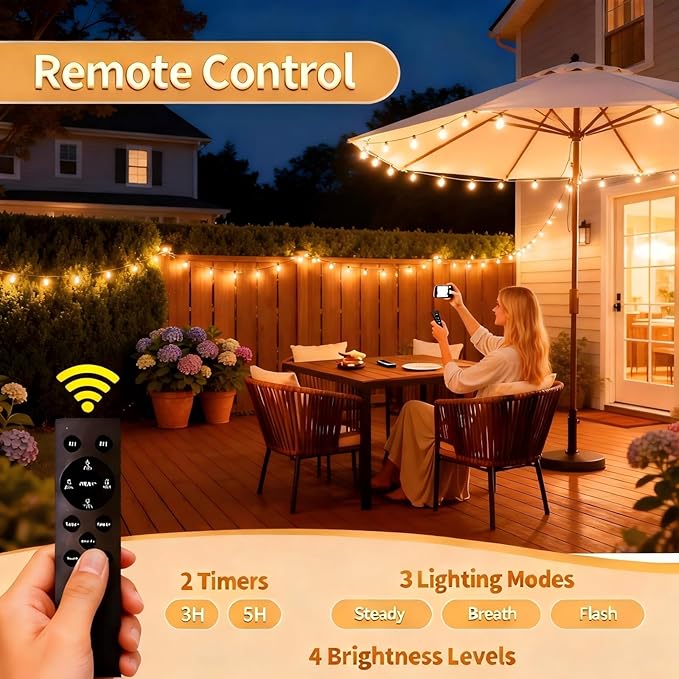 Solar String Lights Outdoor with Remote, 50ft 25 Bulbs Solar Powered Patio Lights Waterproof, Dimmable & Timer, G40 LED Solar Lights for Camping Deck Backyard Garden Fence