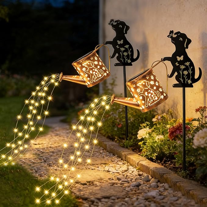 Outdoor Solar Dog Garden Decorative,Solar Watering Can with Light, Featuring Metal Dog Statue Silhouette Stake, Day | Lumora