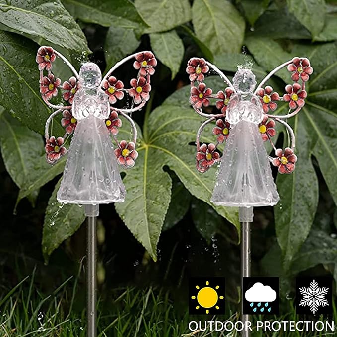 Solar Garden Lights 2pcs Fairy Garden Ornaments Outdoor Solar Pathway Lights, Flower Fairy Resin Figurine Lamp for Courtyard Lawn, Commemorate Gift (Color : Pink)