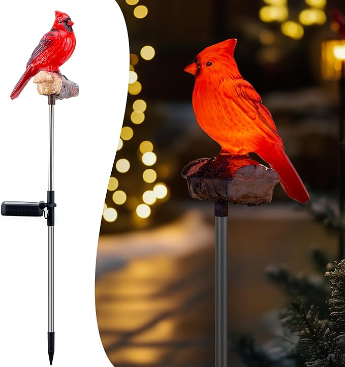 Cardinal Solar Lights Outdoor with Sound & Motion Sensor, Waterproof Red Bird Figurine Stake, Hand-Painted Memorial Garden Decor Gift for Mom Grandma