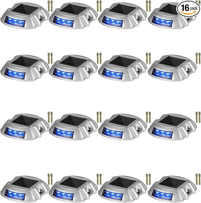 VEVOR Driveway Lights 16-Pack, Solar Driveway Lights with Switch Button, Solar Deck Lights Waterproof, Wireless Dock Lights 6 LEDs for Path Warning Garden Walkway Sidewalk Steps（LED Bright Blue）