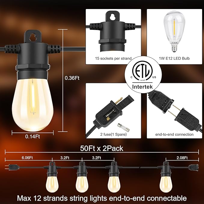 100FT Patio String Lights Outdoor Waterproof IP65, Line Voltage 110V Bistro Lights with Shatterproof Edison Vintage | Lumora