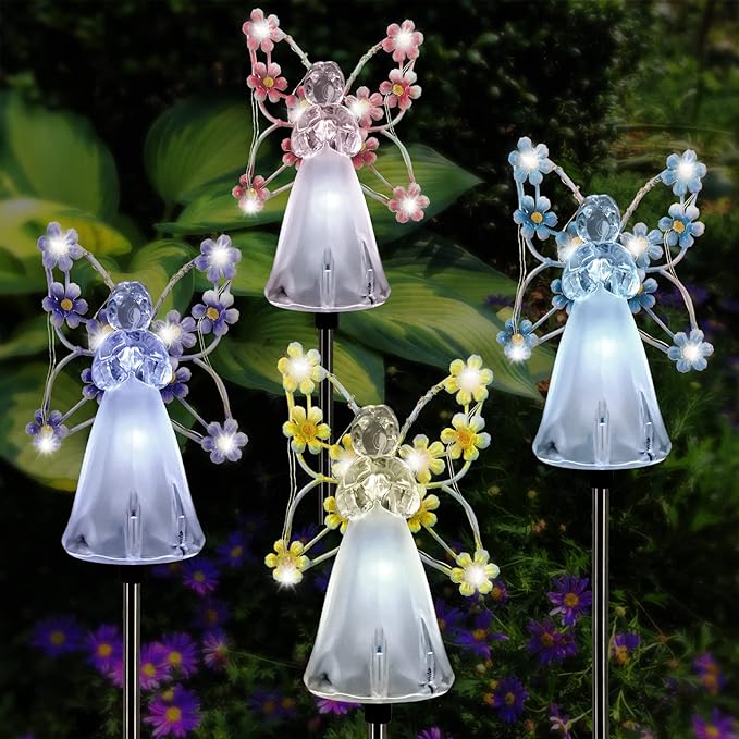 2pcs Fairy Garden Ornaments Outdoor Solar Pathway Lights, Flower Fairy Resin Figurine Lamp for Courtyard Lawn, Commemorate Gift (Purple)