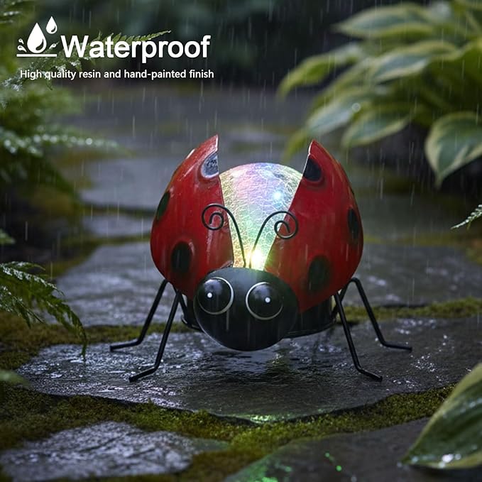 Solar Lights Outdoor Ladybug Decor with Crackle Glass Globe Lights - Cute Metal Ladybug Decor for Yard Lawn Patio Porch Pathway Tabletop, Housewarming Gifts for Mom Women
