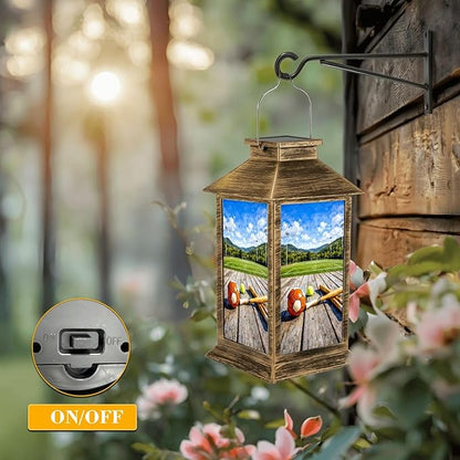 Solar Lantern Outdoor Waterproof Rustic Football Baseball Basketball Soccer Sports Vintage Wood Ball Garden Decor LED Solar Lights Hanging/Tabletop Lamp Gifts for Women Mom for Outside Yard Patio