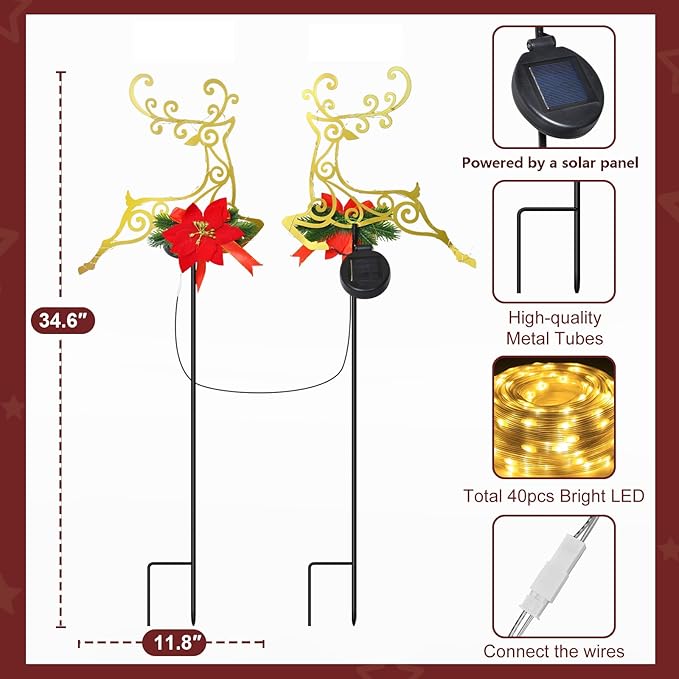 2-Pack Christmas Solar Pathway Lights Outdoor Waterproof, Xmas Metal Reindeer Garden Stake Lights with Poinsettia Decorations for Yard Lawn Walkway Porch Holiday Decor