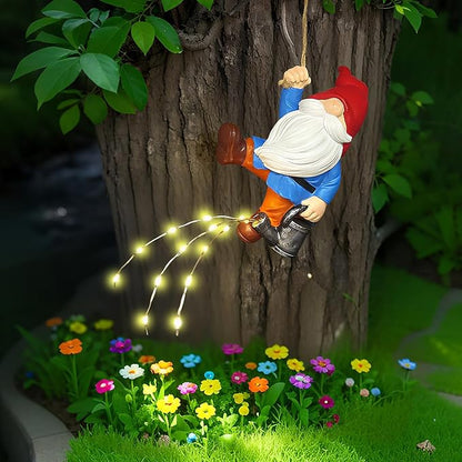 Hanging Gnomes Watering Can Lights Garden Decor, Fairy Figurines Outdoor Solar Lantern, Wall Art for PatioYard Porch, Christmas Gardening Housewarming Gifts for Mom Women