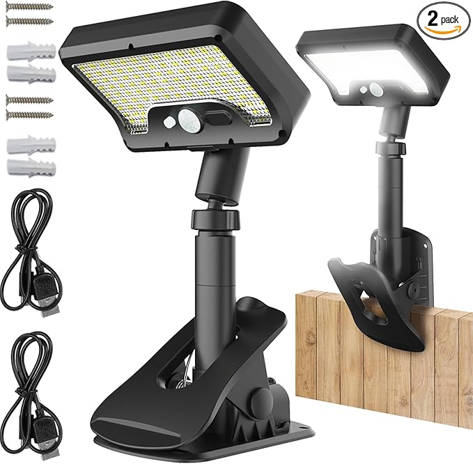Pacify Clip On Solar Lights Outdoor with Motion Sensor, 92 LED 600LM Solar Clip On Lights, 360° Adjustable Clamp Solar Lights Outdoor Waterproof for Fence Deck Gutter Camping(2 Pack Cool White 6000K)