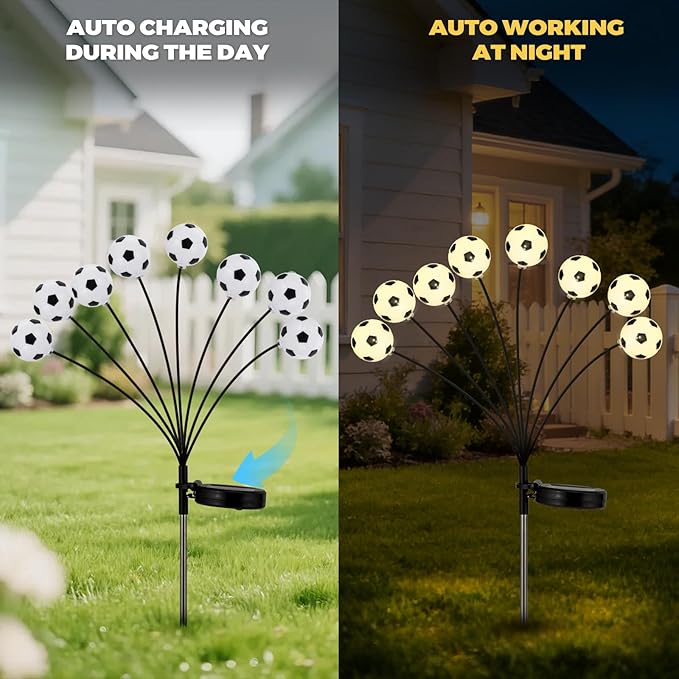 Solar Football Garden Lights – Swaying LED Solar Lights Outdoor for World Cup Decor, Outdoor Waterproof Patio & Yard Lights with Flexible Wire & Heavy Base, Warm White (2 Pack)