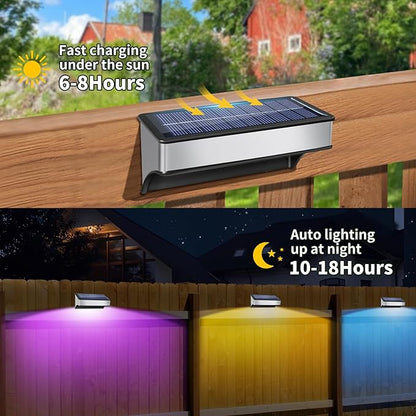 8 Pack Solar Fence Lights Outdoor RGB and 10 Colors Stainless Steel Dusk to Dawn Deck Light Bright Step Lights Waterproof Led Solar Outdoor Light for Backyard Stairs, Patio