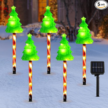 Lewondr Solar Christmas Pathway Lights, 5 PCS Solar Christmas Decorations Outdoor with 2 Lighting Modes, Xmas Tree Lights with Red Pole and Garden Stake, Waterproof Garden Lawn Patio Holiday Decor