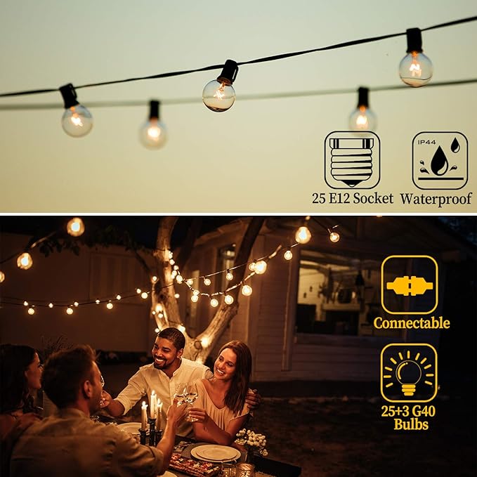 Festival Depot 25FT Patio String Lights with 25 Waterproof G40 Globe Bulbs (3 Spare) for Christmas Halloween, E12 | Lumora