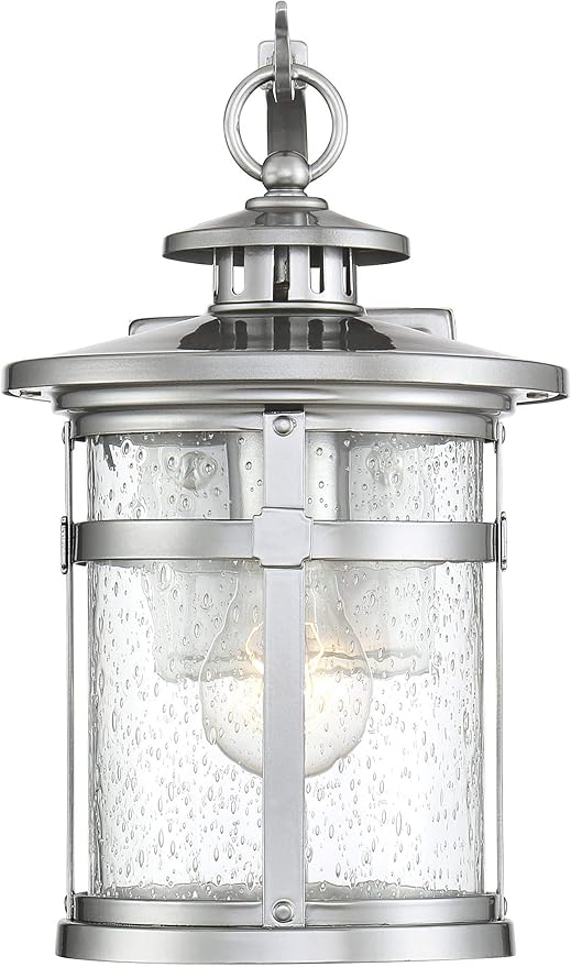 Franklin Iron Works Callaway Modern Industrial Outdoor Wall Light Fixture Chrome 14 1/2" Clear Seedy Glass Lantern for Exterior House Porch Patio Outside Deck Garage Yard Front Door Garden Home