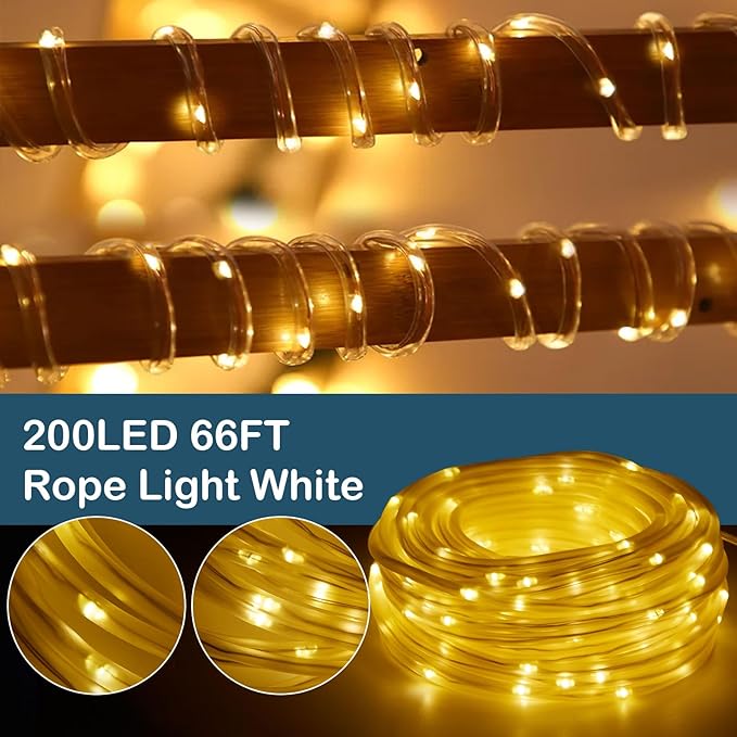 IMAGE 8 Modes Solar Rope Lights Outdoor String Lights 78.7 Feet 20M Waterproof 200LED for Indoor Outdoor Garden Party Patio Lawn Decor Warm White