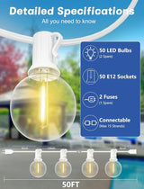 SUNSGNE White String Lights Outdoor, 50FT White Outdoor Lights with 52 G40 Shatterproof LED Bulbs(2 Spare) for | Lumora