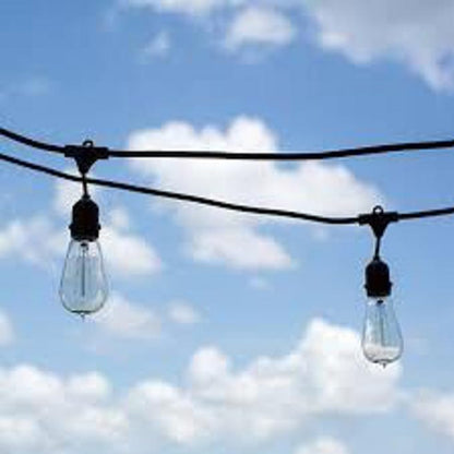 String Light Company Vintage 48-Ft Outdoor Commercial String Lights with 24 Suspended Sockets and 24 Clear S14 Bulbs, 16 Gauge Black Cord