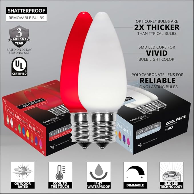 Wintergreen Lighting C9 OptiCore LED Red and Cool White Candy Cane Christmas Lights – Commercial Outdoor Heavy Duty Ceramic Style Bulbs; 18 Gauge White Wire (100 Lights, 100 Ft)
