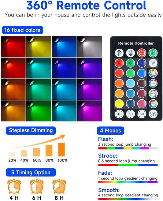 Christmas Spotlights Outdoor, 20W Color Changing Landscape Lighting with Remote & Timer (4H/6H/8H), IP65 Waterproof Aluminum RGB Spot Lights for Yard, House, Garden, Pathway Decor (4 Lights)