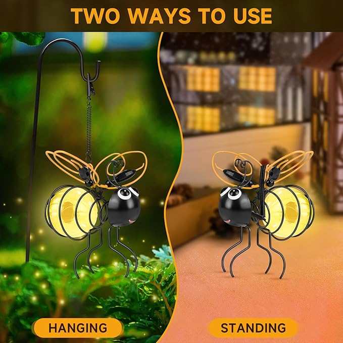 Solar Hanging Bees Lights 2 Packs - Cute Solar Insect Lights Outdoor Waterproof, Metal LED Bugs Lamp Garden | Lumora