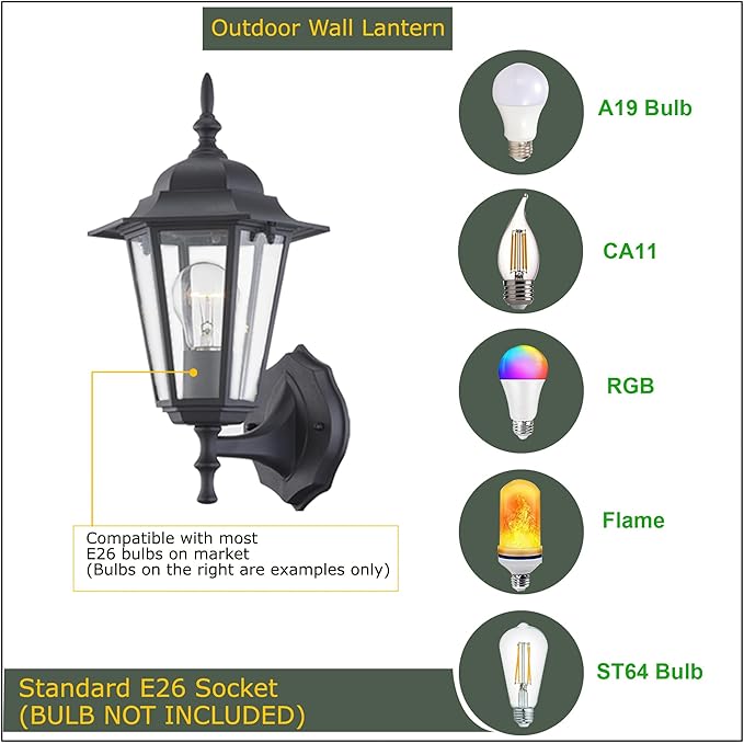 WISBEAM Outdoor Wall Lantern, Black Wall Sconce for House Porch Lighting Fixture, E26 Base 60W Max, Metal Housing | Lumora