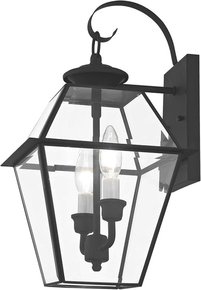 Livex Lighting 2281-04 Westover 2 Light Outdoor Black Finish Solid Brass Wall Lantern with Clear Beveled Glass