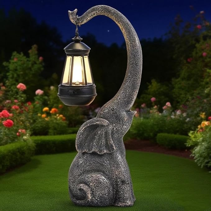 Elephant Garden Statue with Solar Lights, Outdoor Elephant Statues, Porch Decor for Outside Patio Lawn Porch Balcony, Elephant Figurine Decor, Birthday Gifts for Women Mom Grandma Animal Lovers