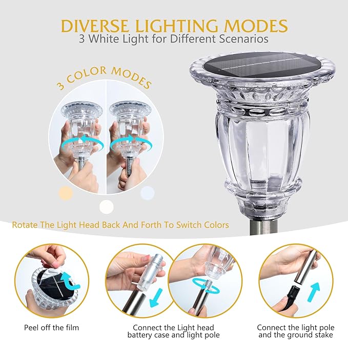 Solar Pathway Lights Outdoor 2 Pack, 3 Lighting Modes Glass and Stainless Steel White Solar Garden lights, 17.3" | Lumora