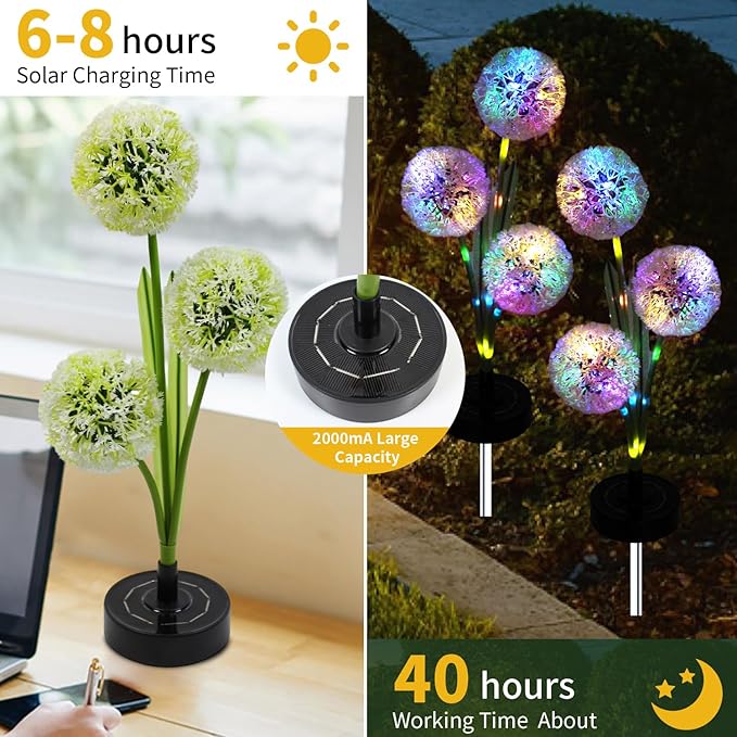 Solar Dandelion Garden Lights Outdoor Decorative, 7 Color Changing Solar Flower Lights Waterproof, 40H Solar Powered Pathway Lights for Yard Lawn Patio Walkway Landscape Decor, 2pcs