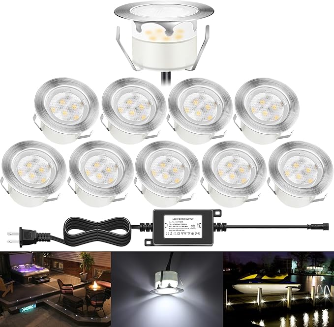 Deck Lights Outdoor Waterproof Low Voltage Lighting Kit Stainless Steel 1W Outdoor Yard Garden Decoration Lamps Landscape Pathway Patio Step Stairs Silver Border(10pcs,Cool White)