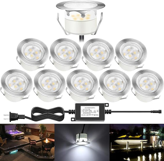 Deck Lights Outdoor Waterproof Low Voltage Lighting Kit Stainless Steel 1W Outdoor Yard Garden Decoration Lamps Landscape Pathway Patio Step Stairs Silver Border(10pcs,Cool White)