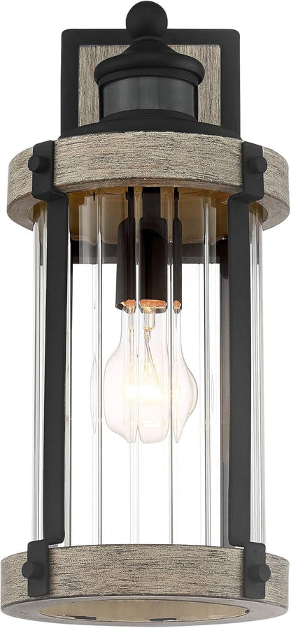 John Timberland Stan Rustic Outdoor Wall Light Fixture Wood Finish Black 15 1/2" Pleated Glass Motion Sensor Dusk to Dawn Decor for Exterior House Porch Patio Outside Deck Garage Yard Front Door