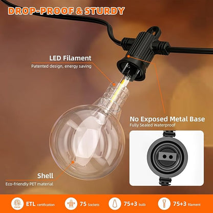 Kawaya String Lights for Outside,150FT LED Outdoor String Lights Waterproof Patio Lights with 72+3 Shatterproof Edison Globe Bulbs, Connectable Hanging Lights for Balcony Bistro Backyard Porch