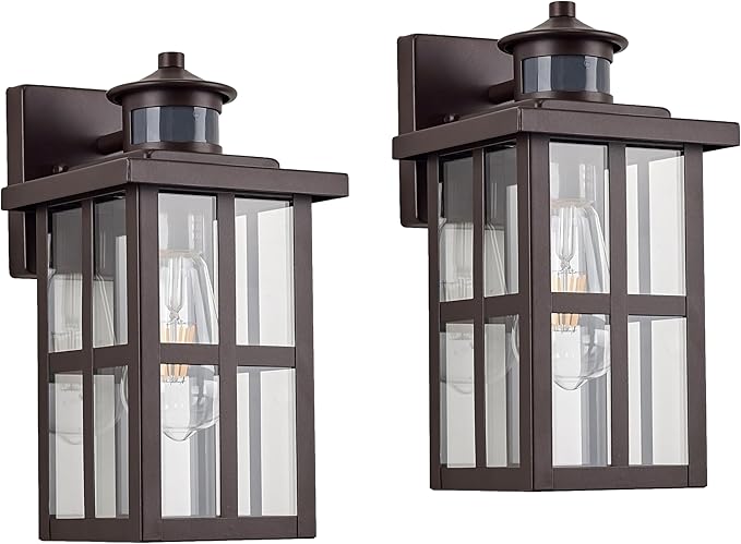 MICSIU Bronze Motion Sensor Outdoor Wall Light 2 Pack, 11.75" Dusk to Dawn Exterior Wall Sconce with 3 Modes, Clear Glass Anti-Rust Porch Light for House, Garage, Oil Rubbed Bronze, 2-Pack